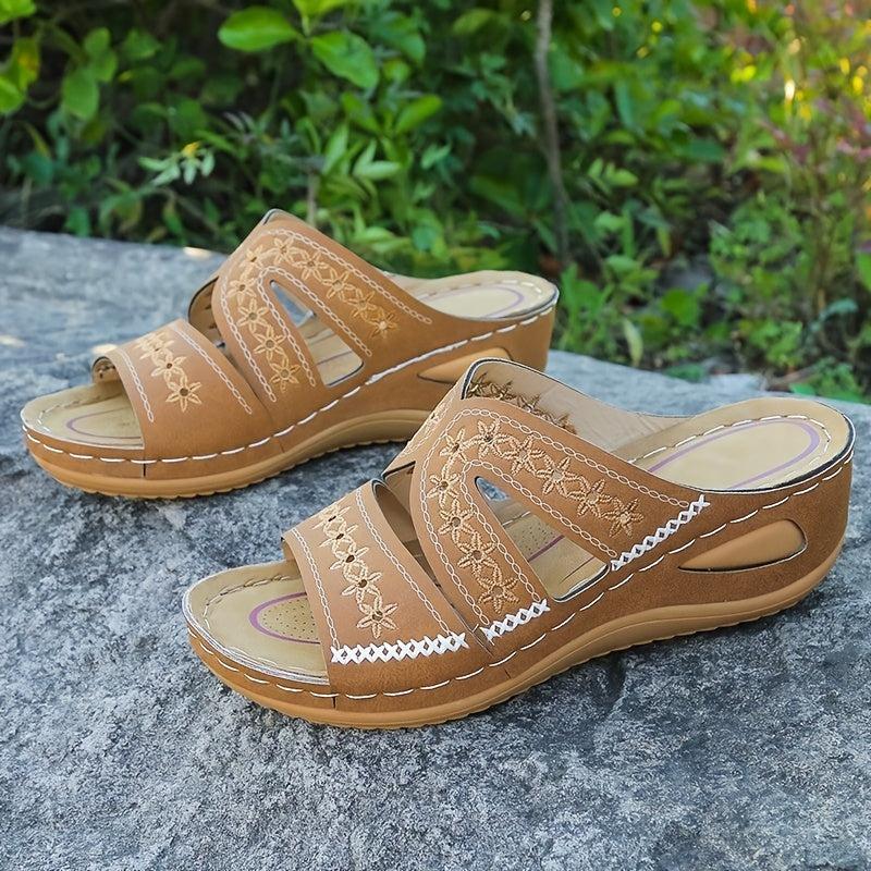 Retro Wedge Heeled Slippers Round Toe Open Toe Slides
