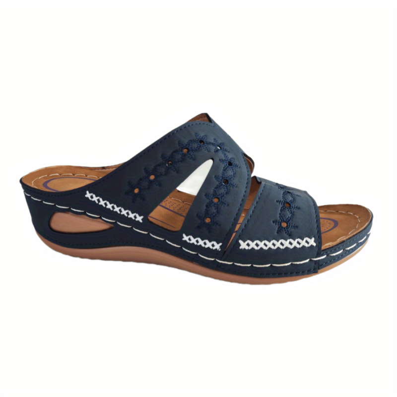 Retro Wedge Heeled Slippers Round Toe Open Toe Slides