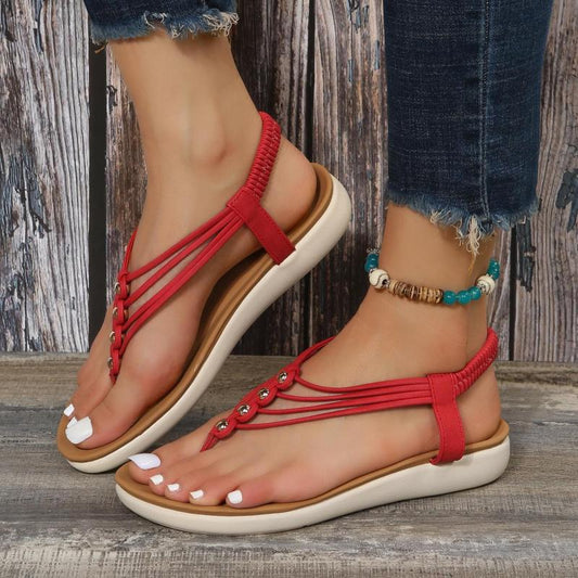 Boho Beaded Flat Thong Sandals Elastic Strap Slip-On Casual Beach Shoes
