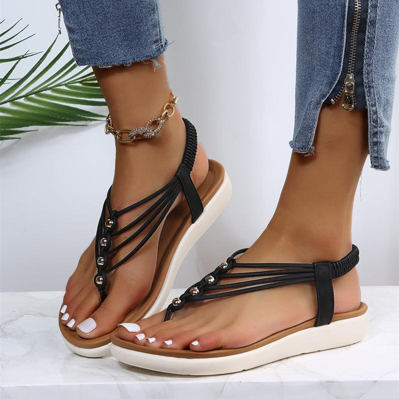 Boho Beaded Flat Thong Sandals Elastic Strap Slip-On Casual Beach Shoes
