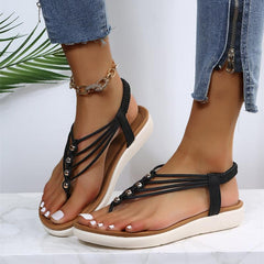 Boho Beaded Flat Thong Sandals Elastic Strap Slip-On Casual Beach Shoes