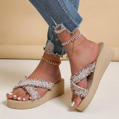 Women's Cross Strap Wedge Sandals Slip On Platform Comfortable Beach Sandals