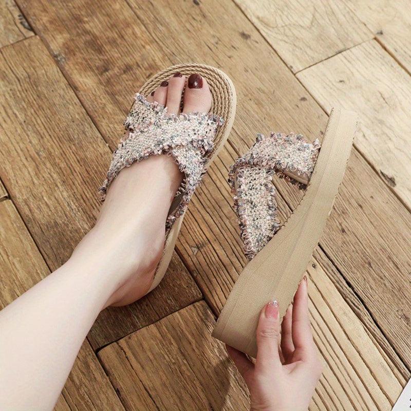 Women's Cross Strap Wedge Sandals Slip On Platform Comfortable Beach Sandals
