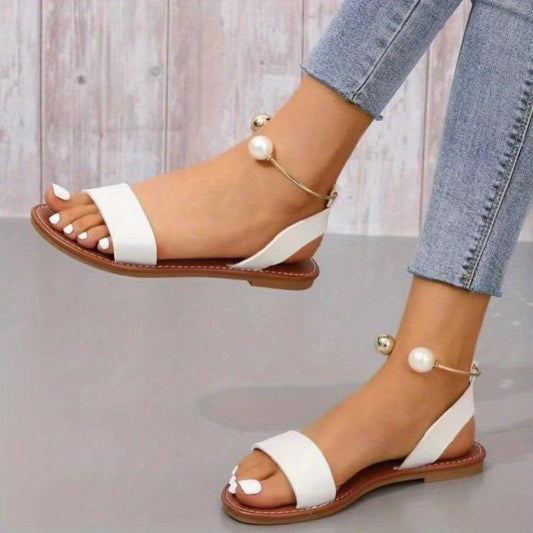 Faux Pearl Ring Ankle Strap Sandals Outdoor Beach Sandals
