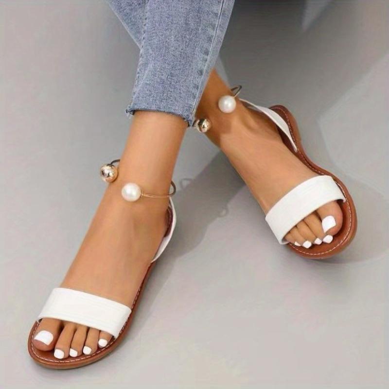 Faux Pearl Ring Ankle Strap Sandals Outdoor Beach Sandals