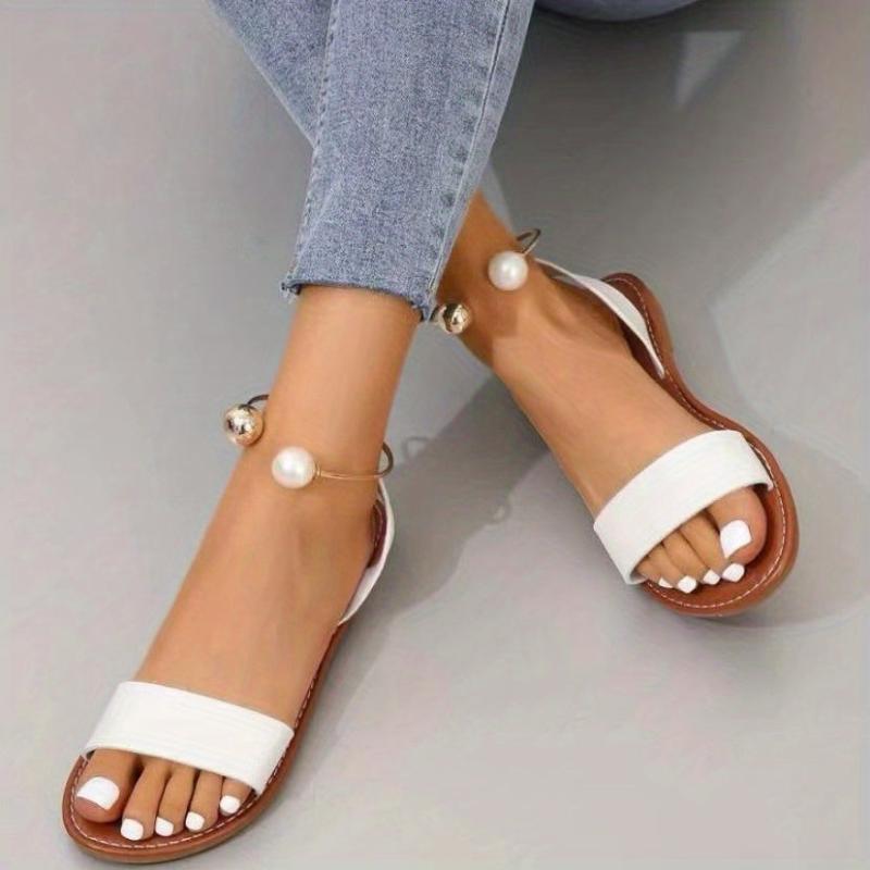 Faux Pearl Ring Ankle Strap Sandals Outdoor Beach Sandals