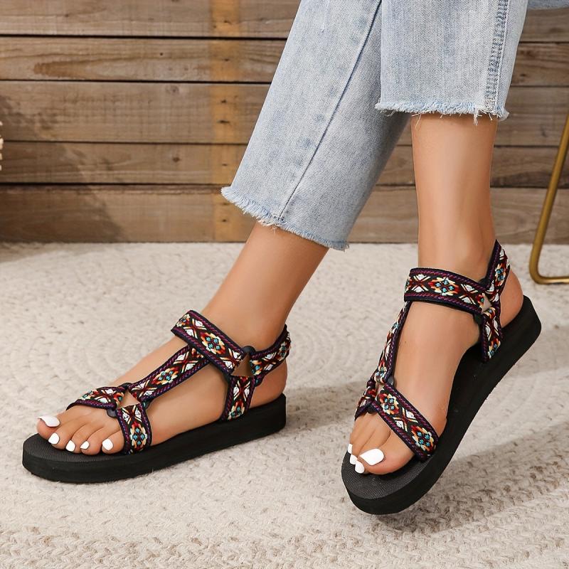 Women's Tribal Flat Sandals Hook & Loop Outdoor Beach Shoes