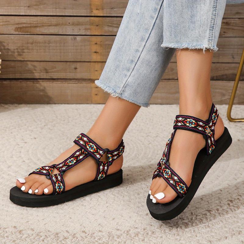 Women's Tribal Flat Sandals Hook & Loop Outdoor Beach Shoes