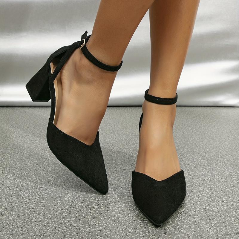 Pointed Toe Block Heeled Sandals Buckle Strap Pumps