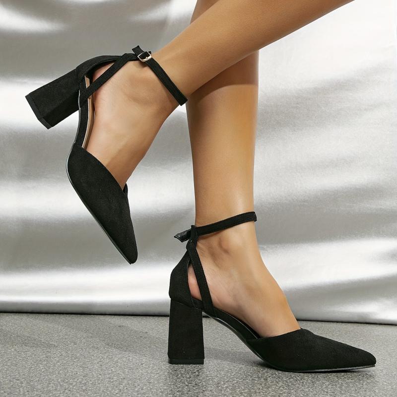 Pointed Toe Block Heeled Sandals Buckle Strap Pumps