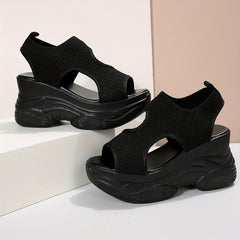 Women's Open Toe Platform Wedge Sandals Knit Slip On Slingback Shoes