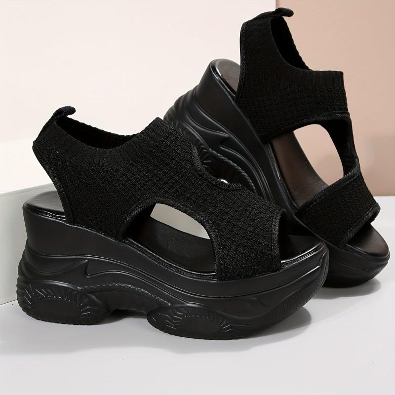 Women's Open Toe Platform Wedge Sandals Knit Slip On Slingback Shoes