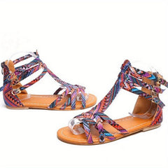 Ethnic Style Flat Sandals with Back Zipper - Summer Sandals