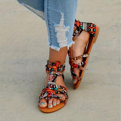 Ethnic Style Flat Sandals with Back Zipper - Summer Sandals
