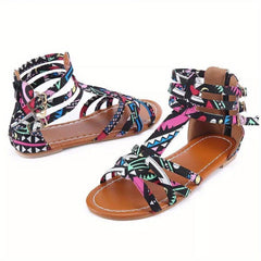 Ethnic Style Flat Sandals with Back Zipper - Summer Sandals