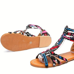 Ethnic Style Flat Sandals with Back Zipper - Summer Sandals