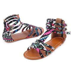 Ethnic Style Flat Sandals with Back Zipper - Summer Sandals