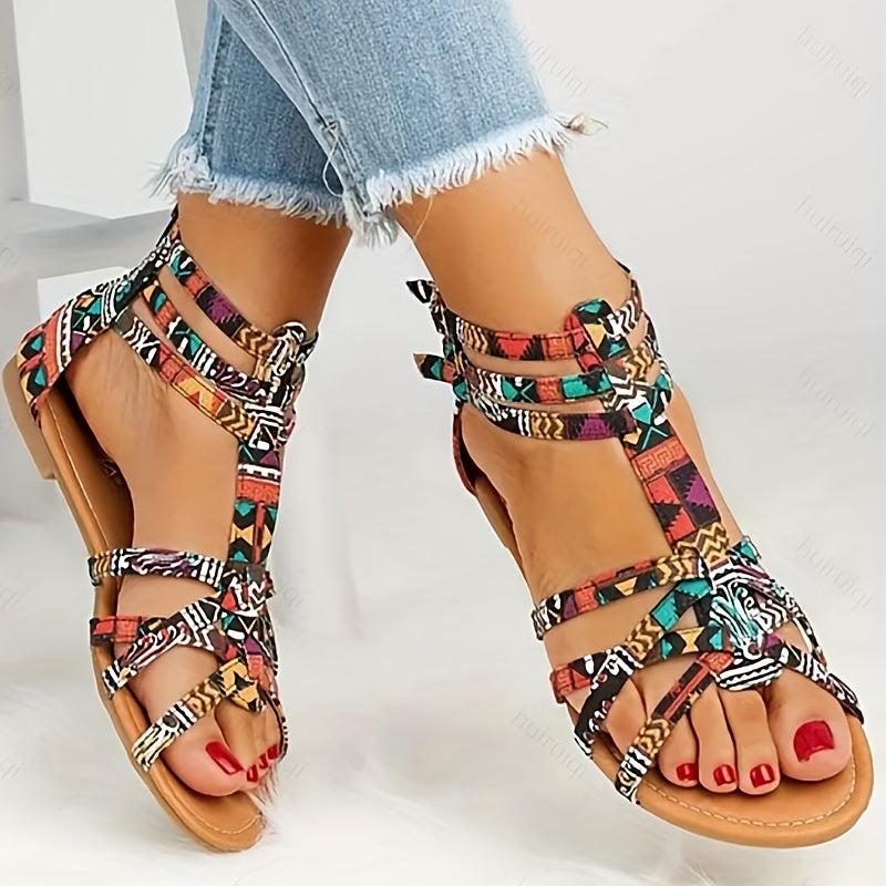 Ethnic Style Flat Sandals with Back Zipper - Summer Sandals