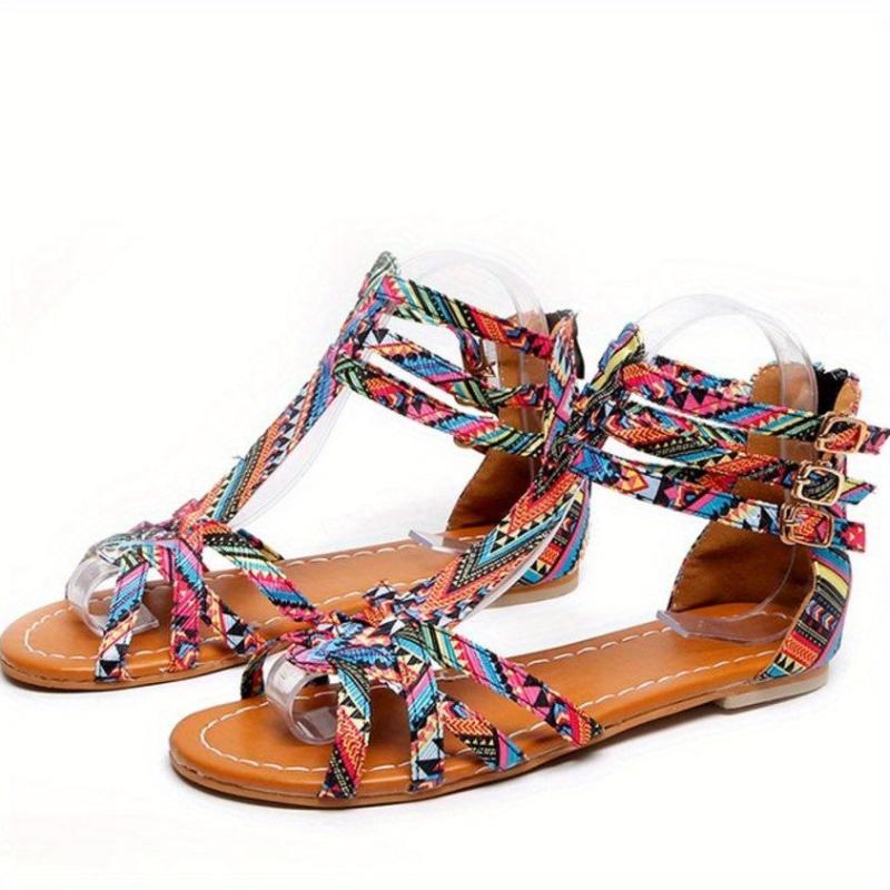 Ethnic Style Flat Sandals with Back Zipper - Summer Sandals