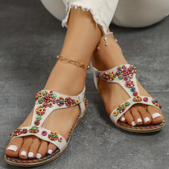 Women's Colorful Beads Flat Sandals T strap Slip On Shoes