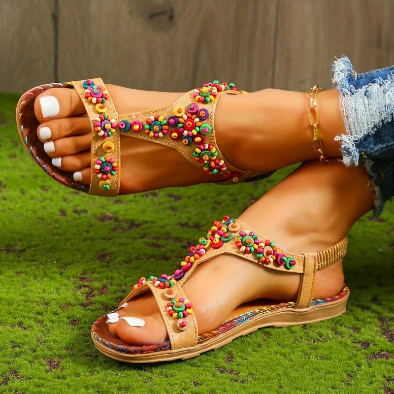 Women's Colorful Beads Flat Sandals T strap Slip On Shoes