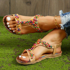 Women's Colorful Beads Flat Sandals T strap Slip On Shoes