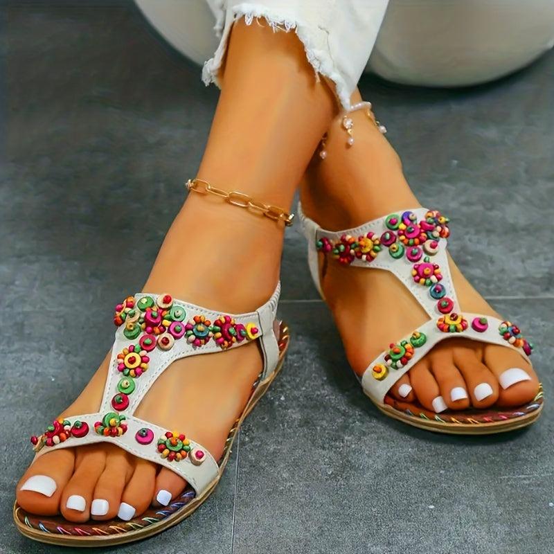 Women's Colorful Beads Flat Sandals T strap Slip On Shoes