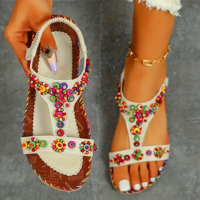 Women's Colorful Beads Flat Sandals T strap Slip On Shoes