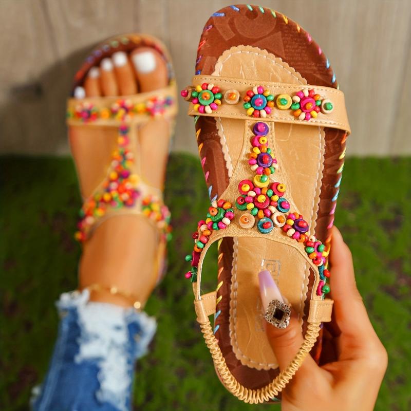Women's Colorful Beads Flat Sandals T strap Slip On Shoes