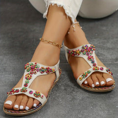 Women's Colorful Beads Flat Sandals T strap Slip On Shoes