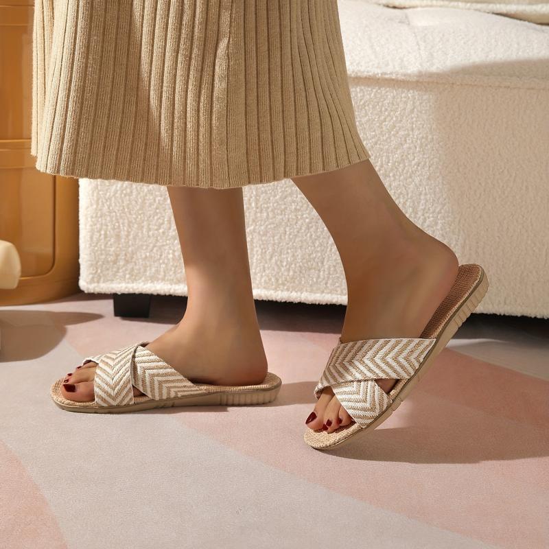 Women's Linen Flat Slides Cross Strap Open Toe Non Slip Shoes