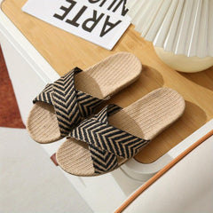 Women's Linen Flat Slides Cross Strap Open Toe Non Slip Shoes