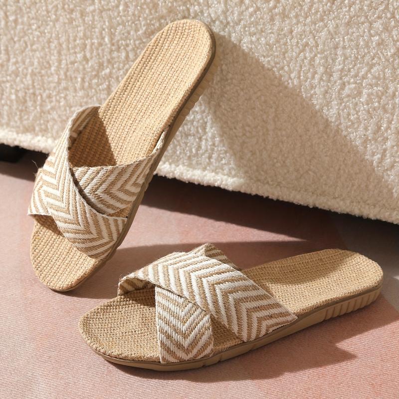 Women's Linen Flat Slides Cross Strap Open Toe Non Slip Shoes