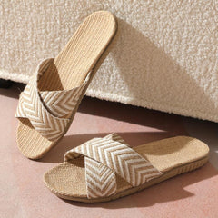 Women's Linen Flat Slides Cross Strap Open Toe Non Slip Shoes