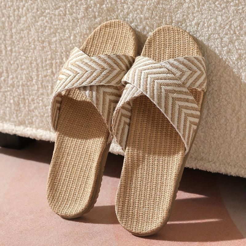 Women's Linen Flat Slides Cross Strap Open Toe Non Slip Shoes