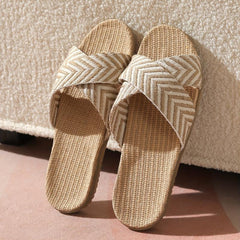 Women's Linen Flat Slides Cross Strap Open Toe Non Slip Shoes