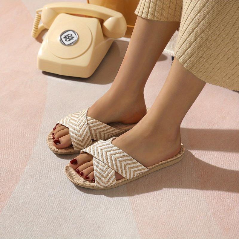 Women's Linen Flat Slides Cross Strap Open Toe Non Slip Shoes