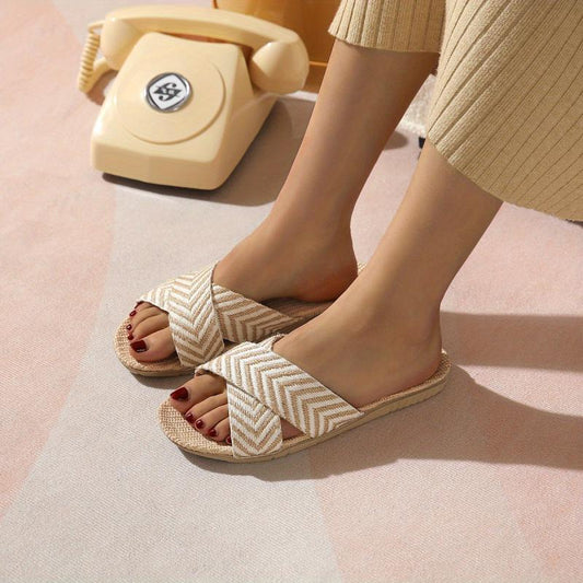Women's Linen Flat Slides Cross Strap Open Toe Non Slip Shoes