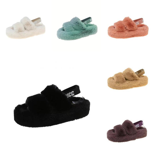 Women's Fluffy Platform Sandals Comfy Plush Slip On Slides Shoes