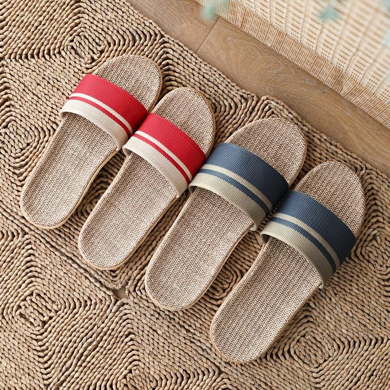 Women's Flax Soft Sole Slippers Striped Flat Home Slides