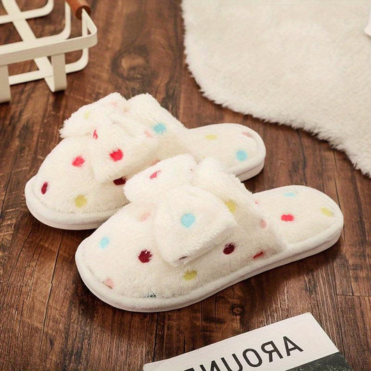 Bowknot Decor Slippers Polka Dot Plush Lined Warm Home Shoes
