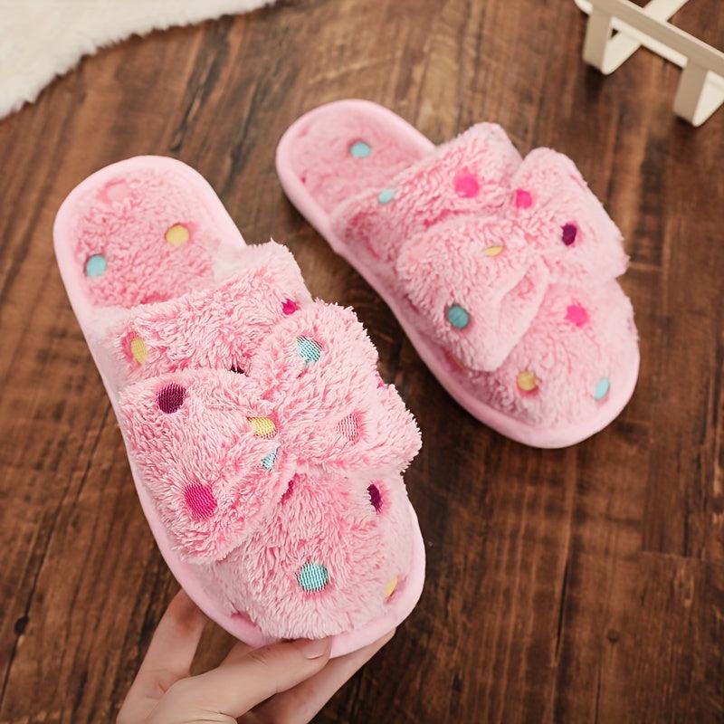 Bowknot Decor Slippers Polka Dot Plush Lined Warm Home Shoes