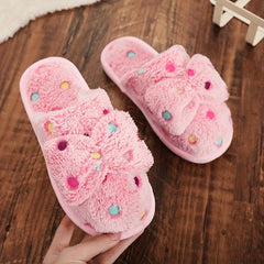 Bowknot Decor Slippers Polka Dot Plush Lined Warm Home Shoes