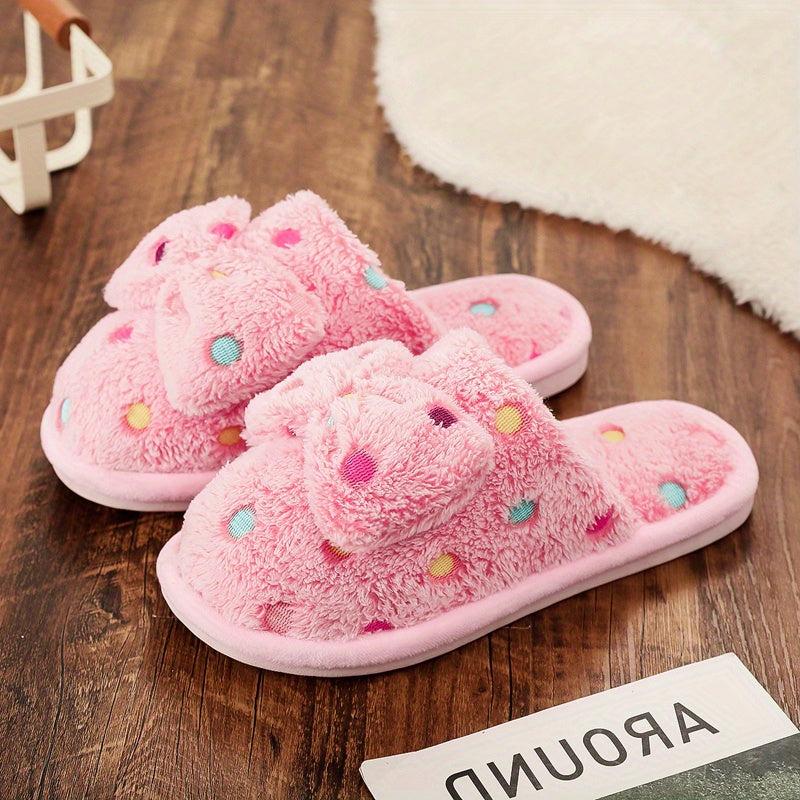 Bowknot Decor Slippers Polka Dot Plush Lined Warm Home Shoes