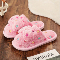 Bowknot Decor Slippers Polka Dot Plush Lined Warm Home Shoes