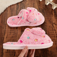 Bowknot Decor Slippers Polka Dot Plush Lined Warm Home Shoes