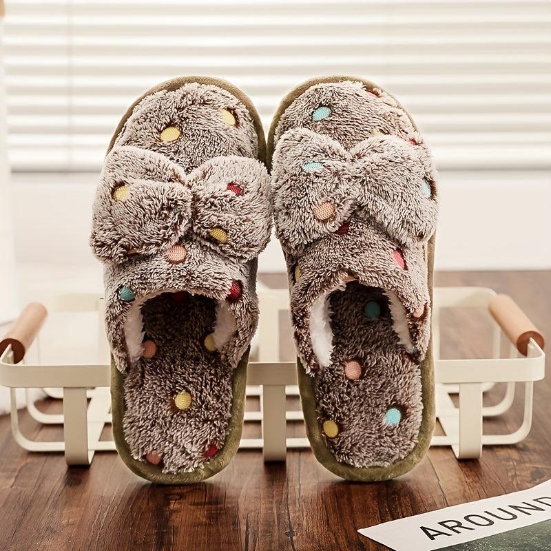 Bowknot Decor Slippers Polka Dot Plush Lined Warm Home Shoes