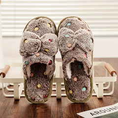 Bowknot Decor Slippers Polka Dot Plush Lined Warm Home Shoes
