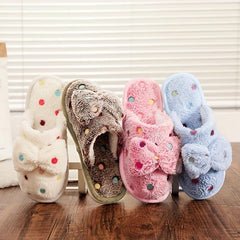 Bowknot Decor Slippers Polka Dot Plush Lined Warm Home Shoes