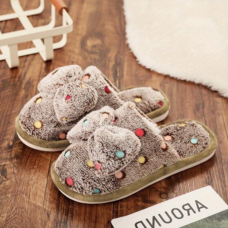 Bowknot Decor Slippers Polka Dot Plush Lined Warm Home Shoes